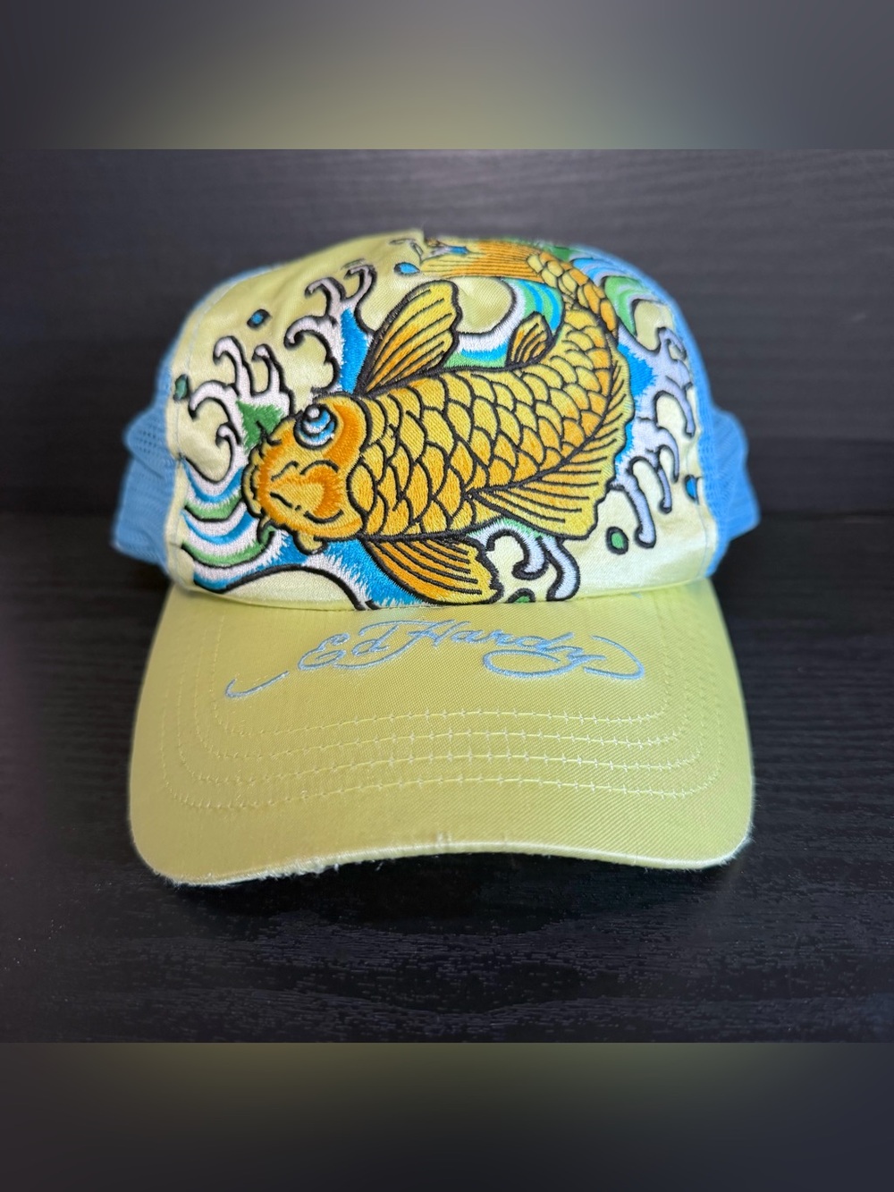Vintage Ed Hardy Mesh Trucker Hat Koi Fish Embroidery Yellow Blue Tattoo Art Y2K
